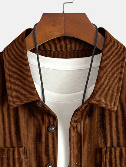 Men'S Corduroy Casual Shirt Jacket - Classic Collar, Button-Up Long Sleeve with Double Chest Pockets, Light Blue, Perfect for Spring & Fall, Everyday Fashion, Street Style, and Office Wear