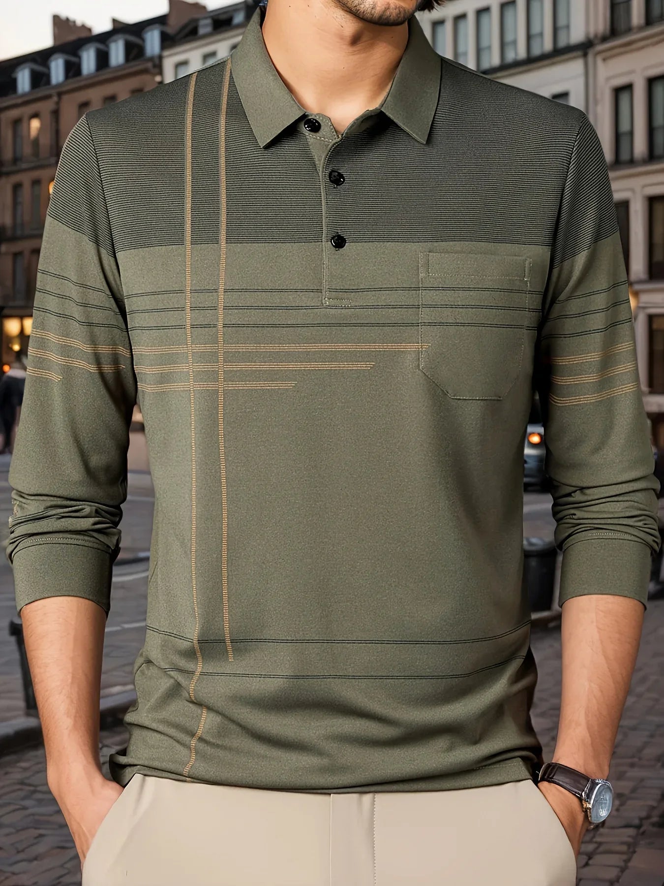 Men's Vintage-Inspired Striped Shirt with Chest Pocket - Breathable, Long Sleeve, Button Detail for Golf & Outdoor Activities