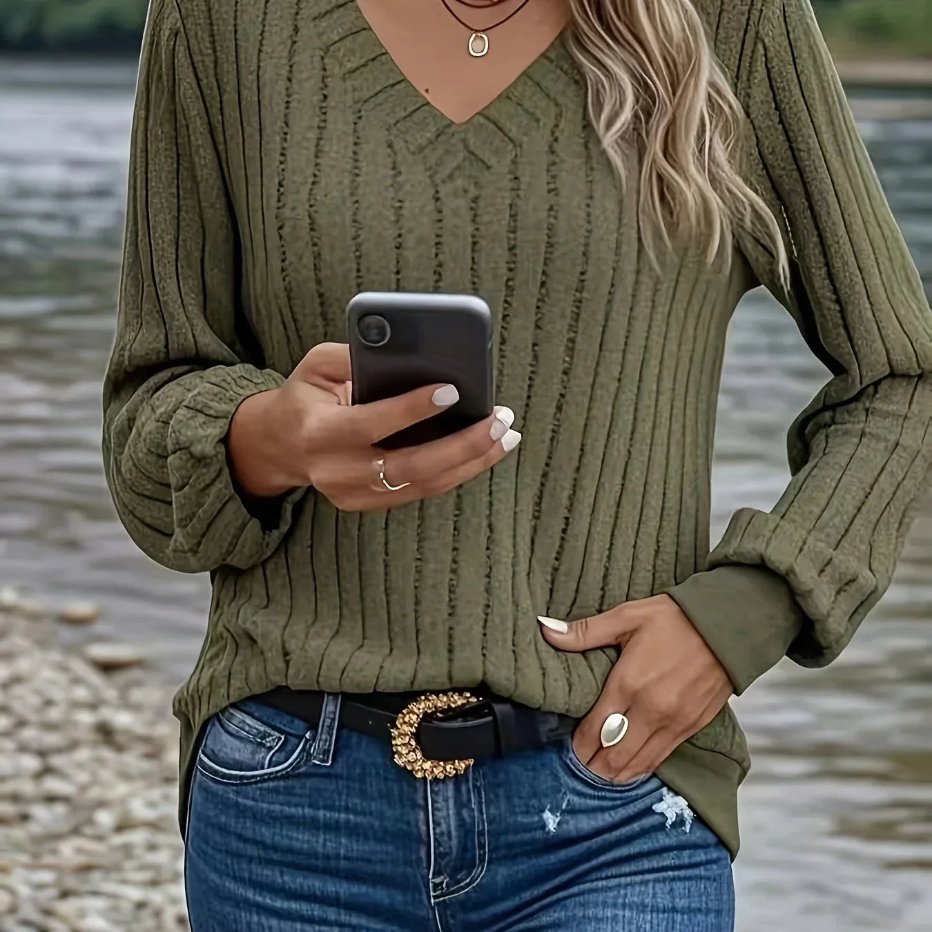 Women'S Cozy V-Neck Long Sleeve Sweater - Olive Green Ribbed, Loose Fit, Casual Style, Perfect for Fall/Winter, Casual Winter Wear|Vneck Sweater|Ribbed Texture