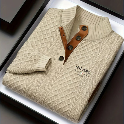 Men'S Autumn-Winter Christmas Stand Collar Jacquard Knit Sweater | Casual Style, 280g/m², High Collar, Button Details, Suitable for Outdoor Leisure and Holiday Gifts