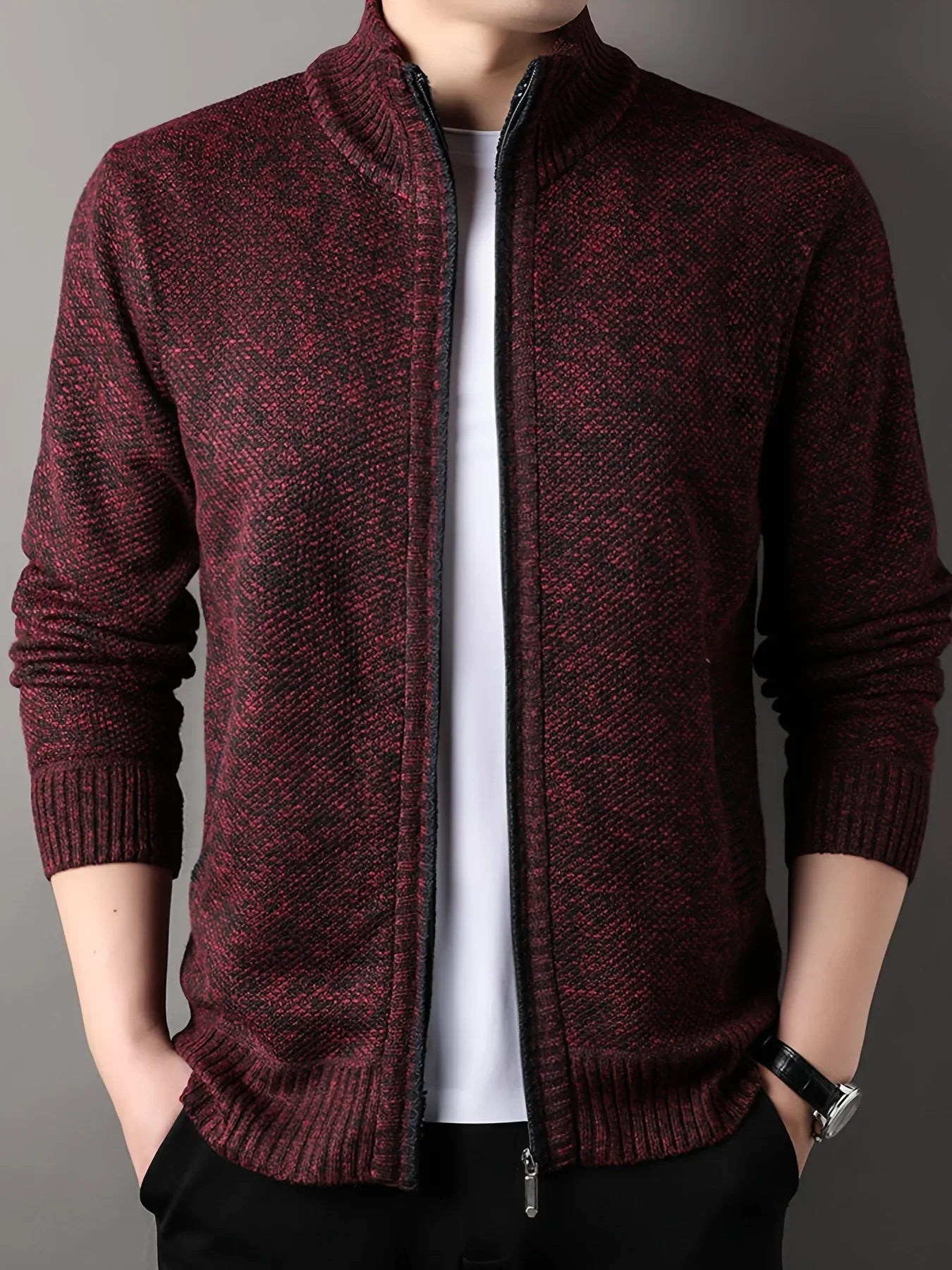 Men'S Thick Fleece Zip-Up Cardigan - Casual Long Sleeve Knit Sweater with Stand Collar, Solid Color, Regular Fit for Fall/Winter, Comfortable Layering Piece, Winter Cardigan, Autumn Outerwear, Modern Casualwear, Durable Fabri