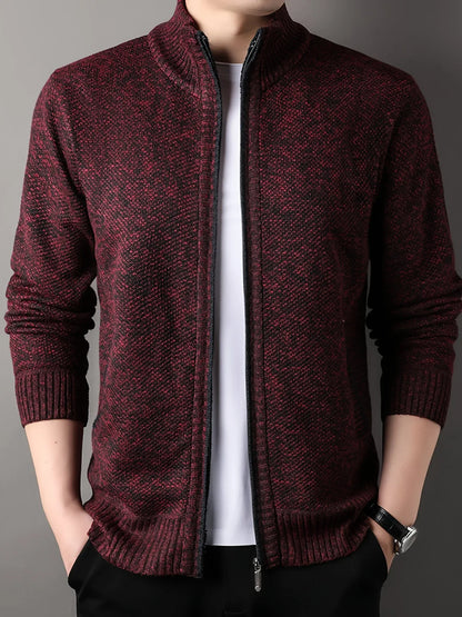 Men'S Thick Fleece Zip-Up Cardigan - Casual Long Sleeve Knit Sweater with Stand Collar, Solid Color, Regular Fit for Fall/Winter, Comfortable Layering Piece, Winter Cardigan, Autumn Outerwear, Modern Casualwear, Durable Fabri