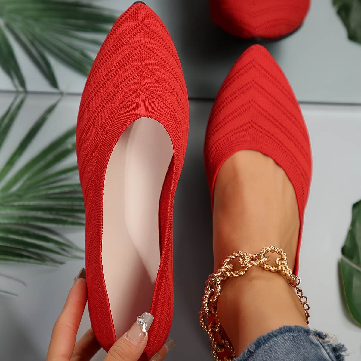 [Pointed Toe Breathable Flats] Women's Pointed Toe Flat Shoes, Solid Color Knitted Slip On Shoes, Casual Breathable Ballet Flats - Montero Milan