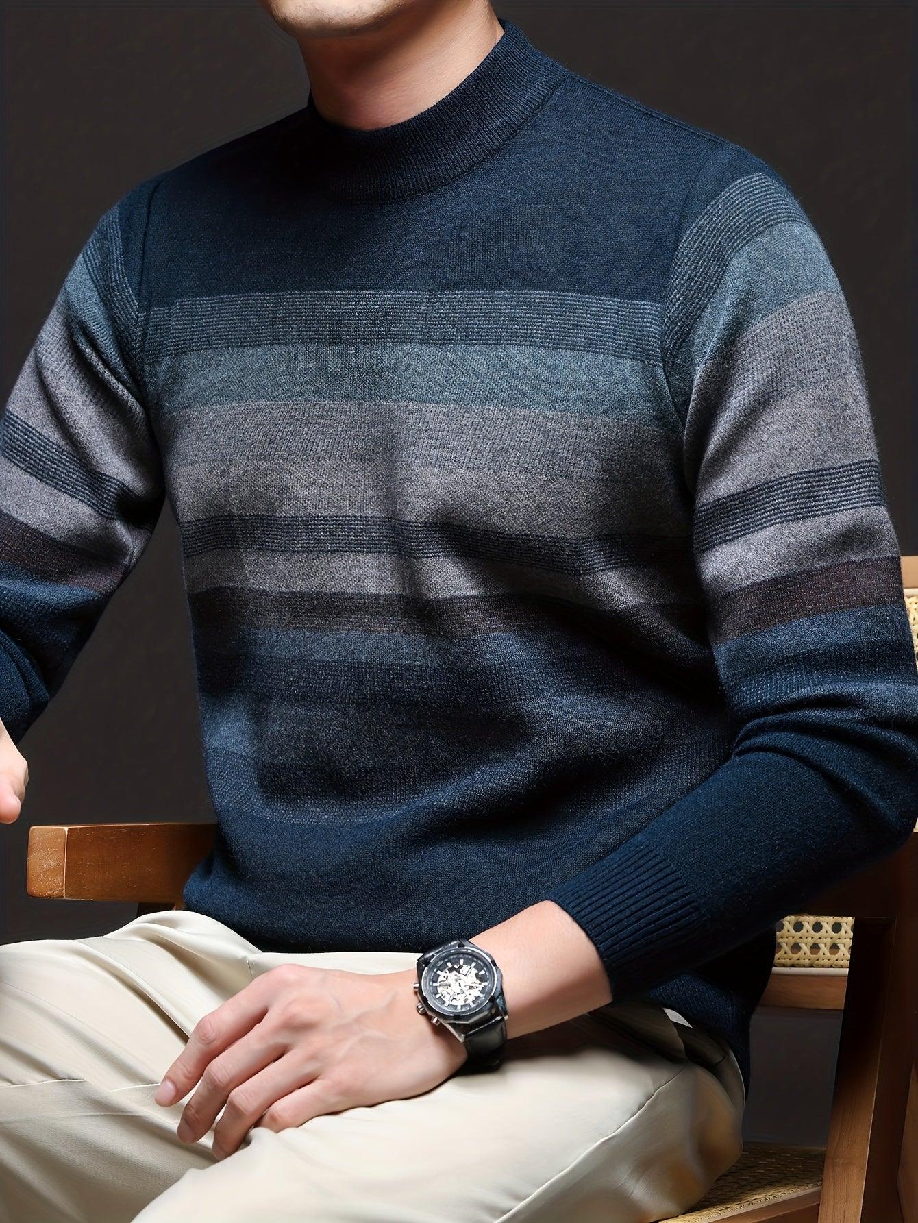 Men'S Thickened Sweater - Navy Blue & Gray Horizontal Stripes, Long Sleeve Round Neck Pullover for Fall/Winter, Casual & Formal Outfits - Everyday & Special Occasion Top, Knit