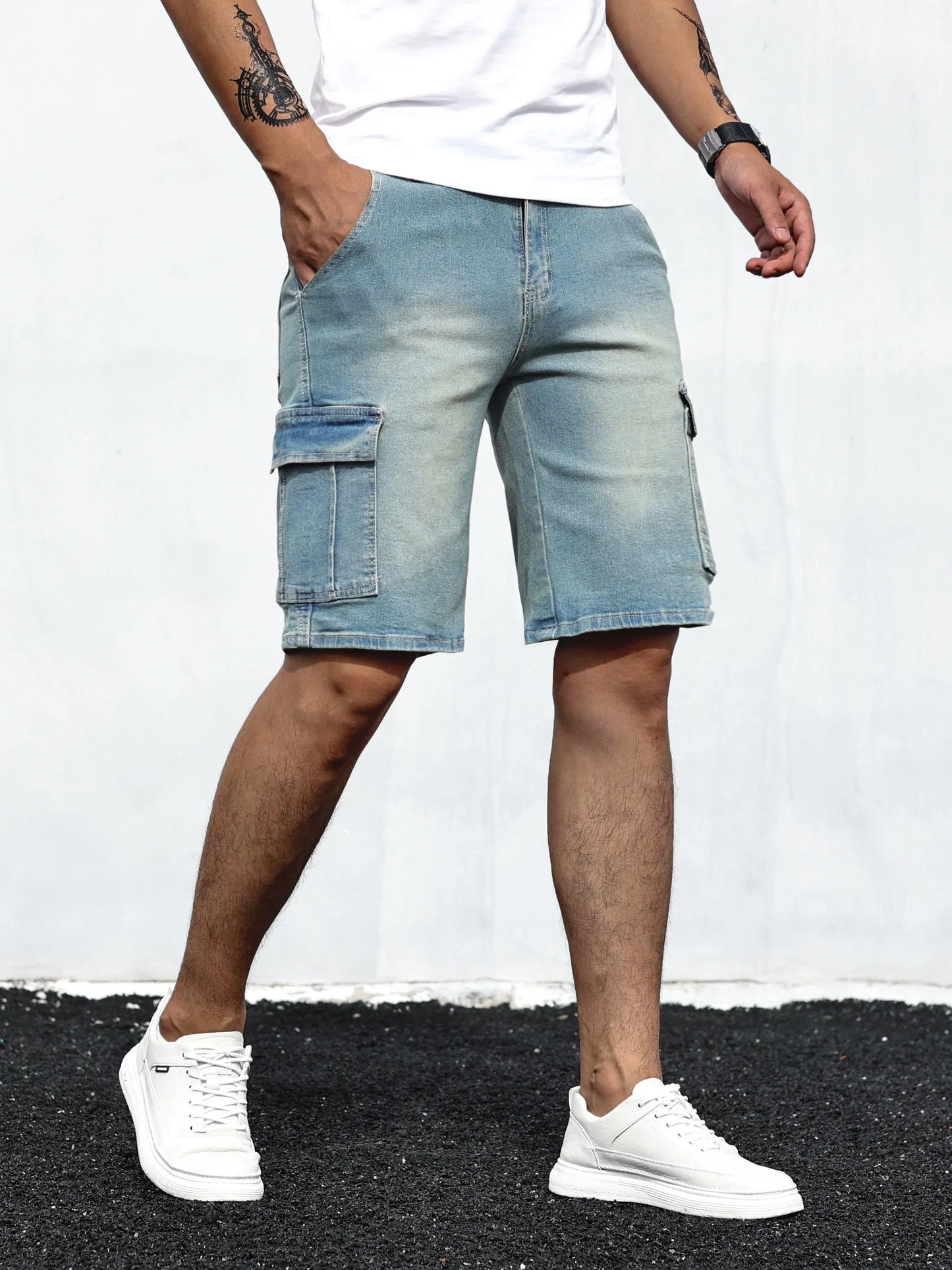 Men's Stretch Denim Shorts - Multi-Pocket Casual Streetwear with Knee-Length, Machine Washable Everyday & Formal Shorts for Urban Outfits - Non-See-Through Denim Construction