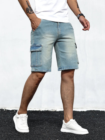 Men's Stretch Denim Shorts - Multi-Pocket Casual Streetwear with Knee-Length, Machine Washable Everyday & Formal Shorts for Urban Outfits - Non-See-Through Denim Construction