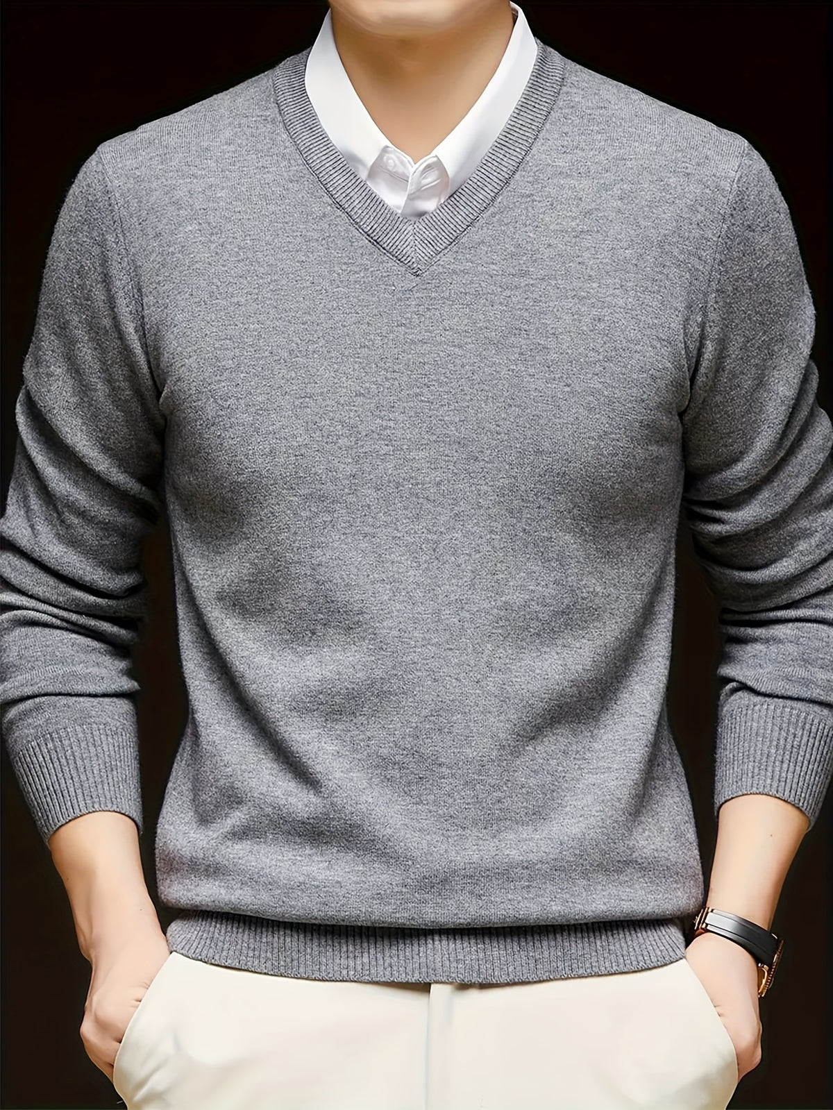 Cross-Border New Autumn Winter Men'S Solid Color V-Neck Knit Sweater Pullover (Men'S Warm Top)
