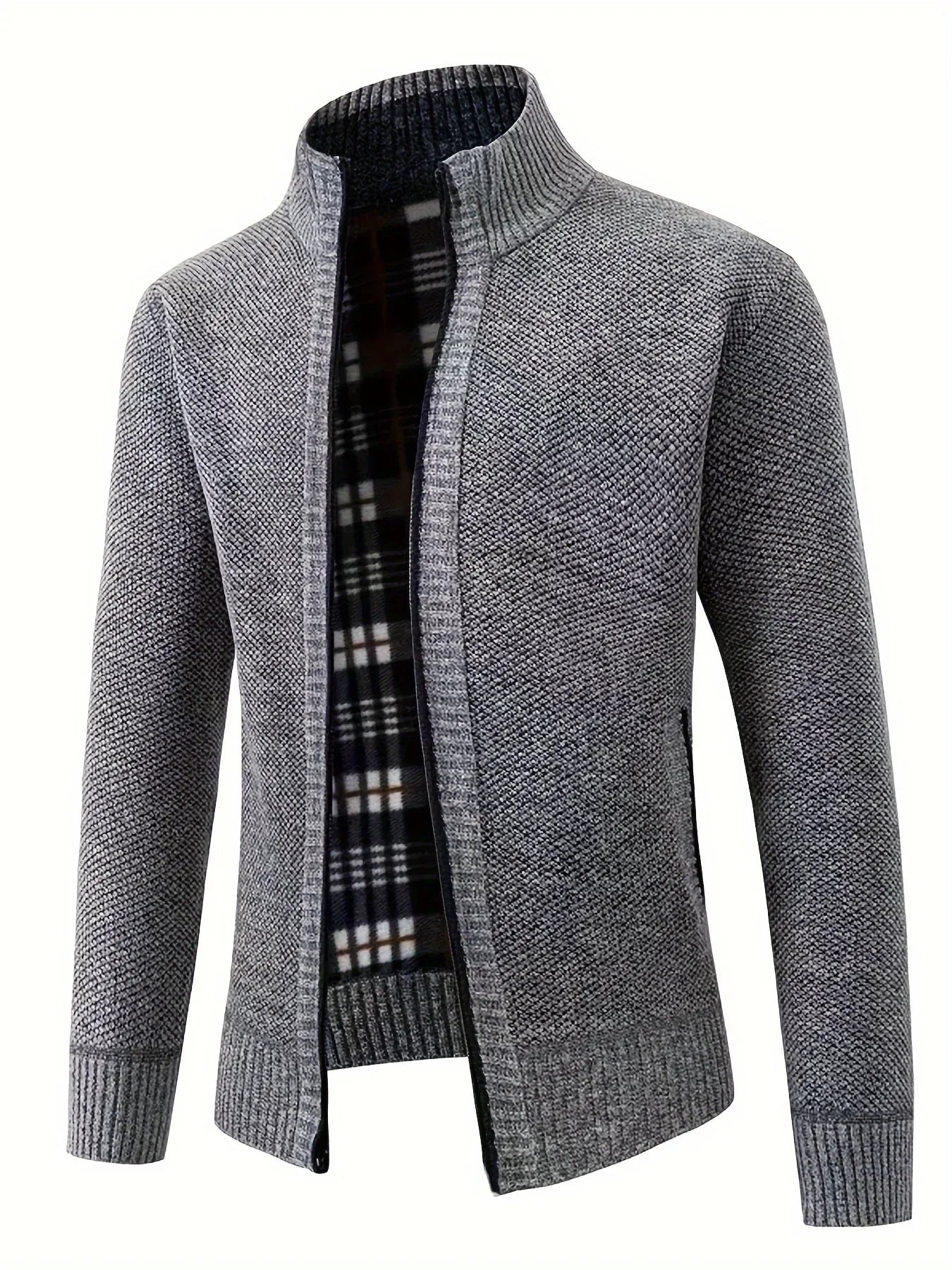Men'S Thick Fleece Zip-Up Cardigan - Casual Long Sleeve Knit Sweater with Stand Collar, Solid Color, Regular Fit for Fall/Winter, Comfortable Layering Piece, Winter Cardigan, Autumn Outerwear, Modern Casualwear, Durable Fabri