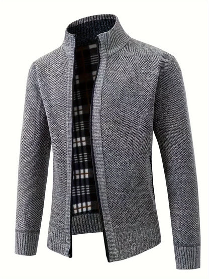 Men'S Thick Fleece Zip-Up Cardigan - Casual Long Sleeve Knit Sweater with Stand Collar, Solid Color, Regular Fit for Fall/Winter, Comfortable Layering Piece, Winter Cardigan, Autumn Outerwear, Modern Casualwear, Durable Fabri