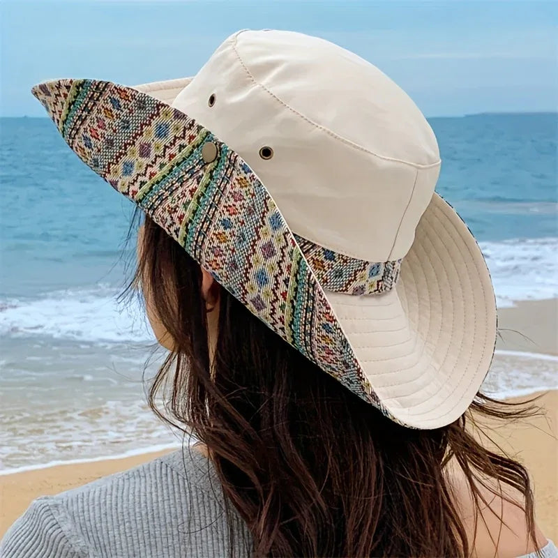 2-Way Adjustable Women's Bohemian Embroidered Sun Hat - Wide Brim Windproof Fisherman Hat with Vibrant Geometric Patterns, All-Season Outdoor Travel & Hiking Accessory for Beach, Mountaineering, Tourism, Fishing Hat, Mountain