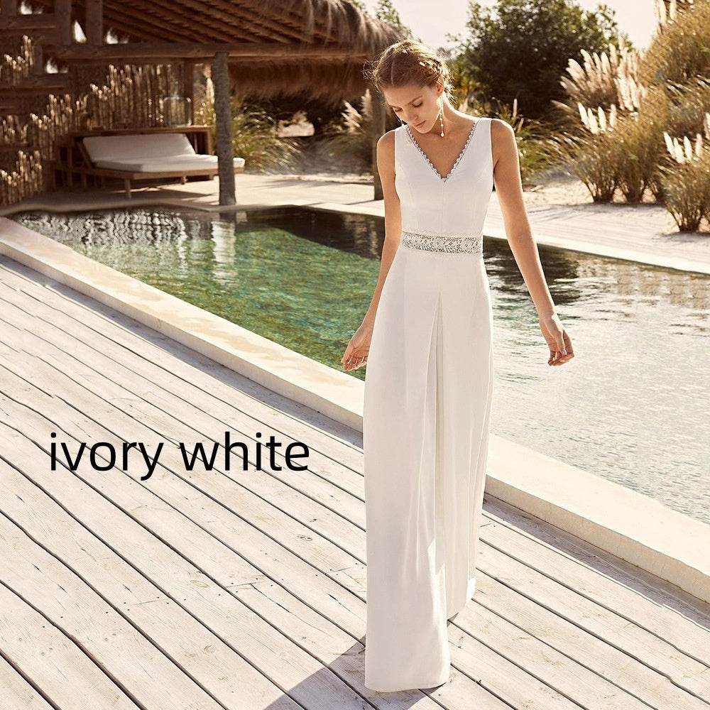 Women's Solid Color Casual V-neck Backless Jumpsuit - Montero Milan