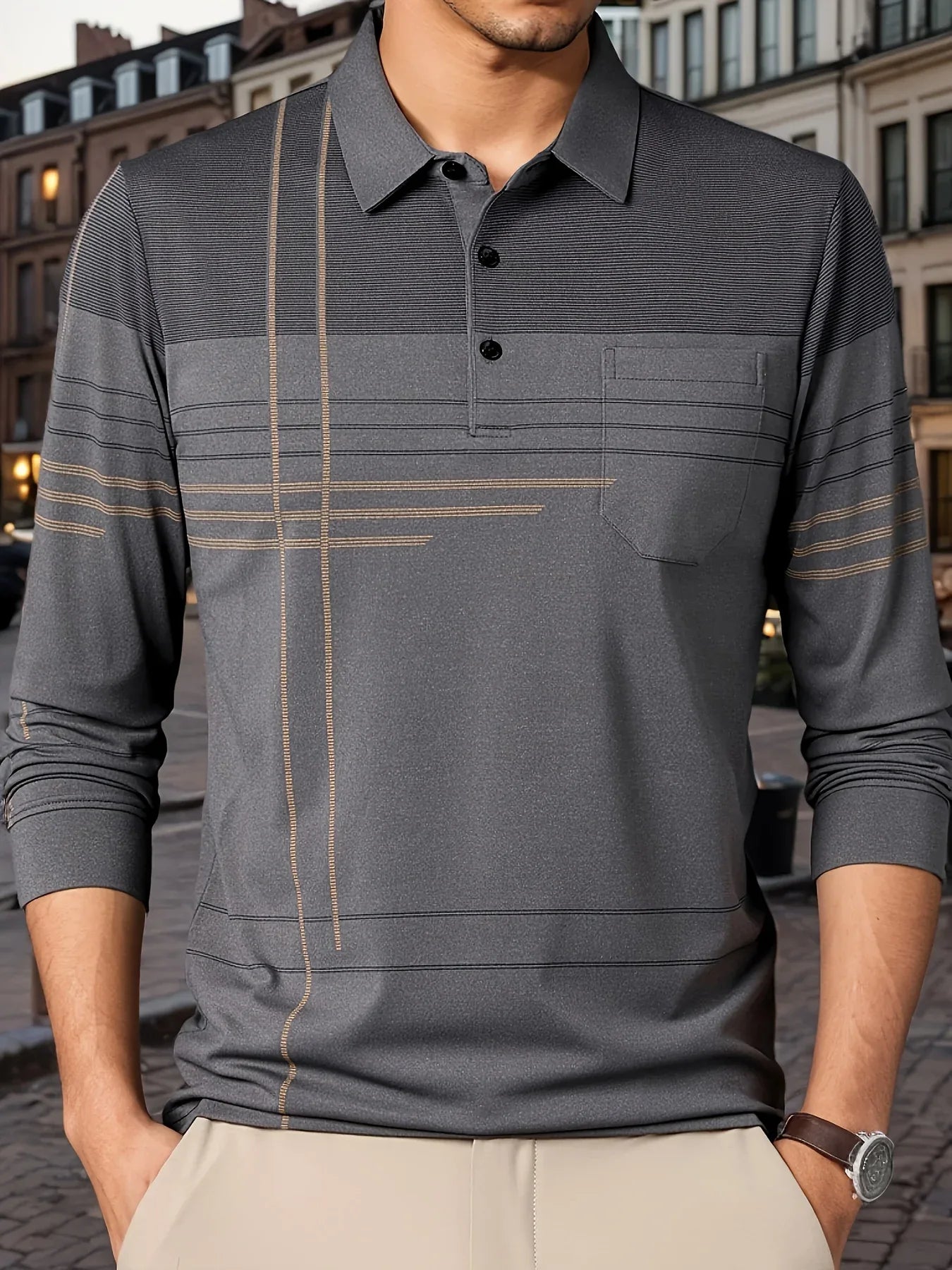 Men's Vintage-Inspired Striped Shirt with Chest Pocket - Breathable, Long Sleeve, Button Detail for Golf & Outdoor Activities