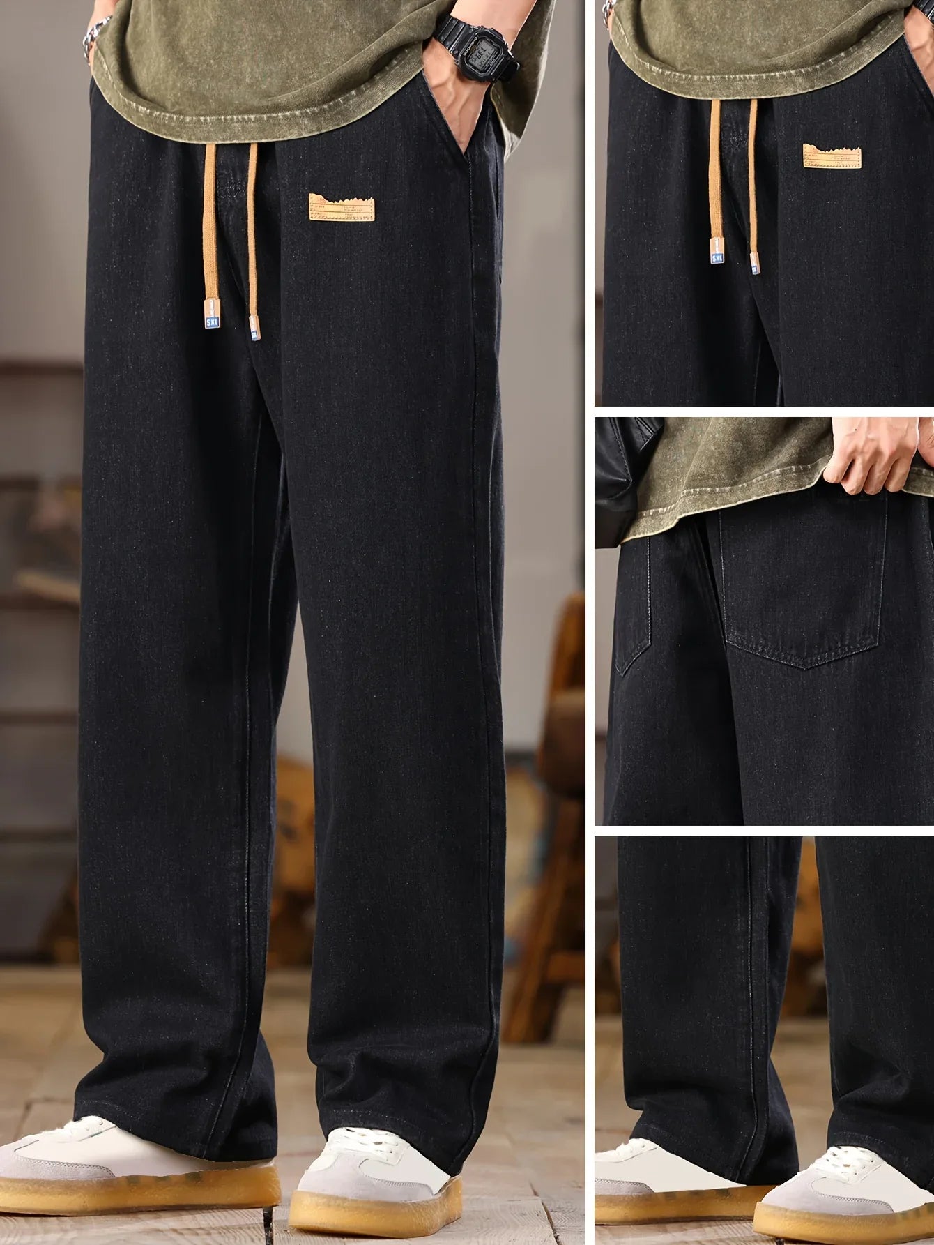 Men's Korean Style Light Blue Jeans 2025 Spring/Autumn New Washed Durable Comfortable Drawstring Straight-Leg Pants, Stylish and Versatile Casual Trousers Suitable for All Seasons by Gengyuan