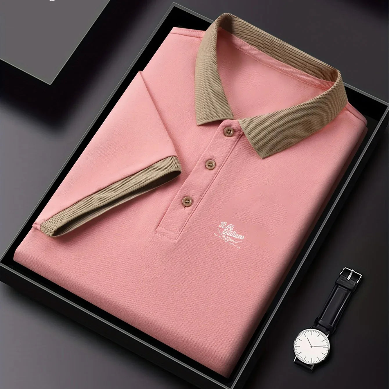 R.M.Williams Men'S Casual Summer Shirt - Beige with Green Collar & Cuffs, Button-Up Collar, Short Sleeve, Regular Fit for Gym, Outdoor Activities & Casual Attire, Gym Apparel, Classic Collar Design, Comfortable Fit