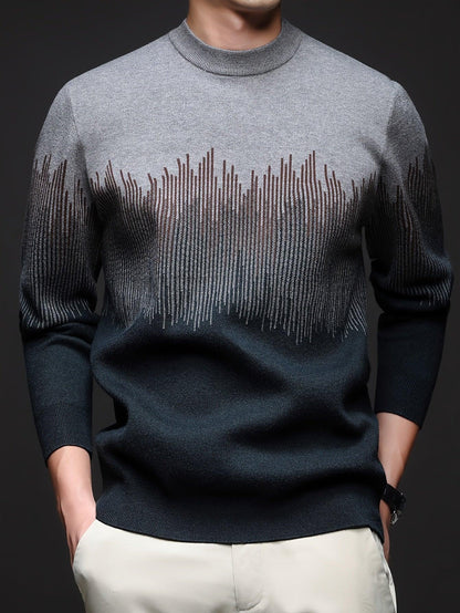 Men's Winter Warm Vertical Stripe Sweater - Dark Grey/Black Gradient Knit Pullover with Tapered Tail Hem, Casual & Outdoor Long Sleeve Round Neck Sweater for,, Office - All-Season Layering (Beige/White)
