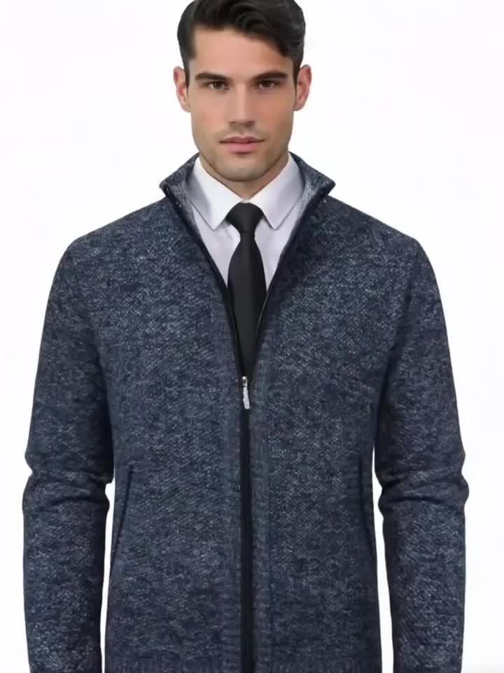 Men'S Thick Fleece Zip-Up Cardigan - Casual Long Sleeve Knit Sweater with Stand Collar, Solid Color, Regular Fit for Fall/Winter, Comfortable Layering Piece, Winter Cardigan, Autumn Outerwear, Modern Casualwear, Durable Fabri