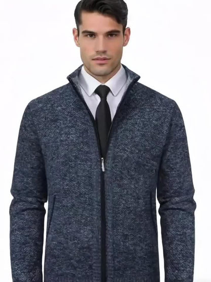 Men'S Thick Fleece Zip-Up Cardigan - Casual Long Sleeve Knit Sweater with Stand Collar, Solid Color, Regular Fit for Fall/Winter, Comfortable Layering Piece, Winter Cardigan, Autumn Outerwear, Modern Casualwear, Durable Fabri