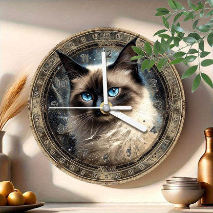 Vintage CatThemed Silent Wooden Wall Clock - Montero Milan