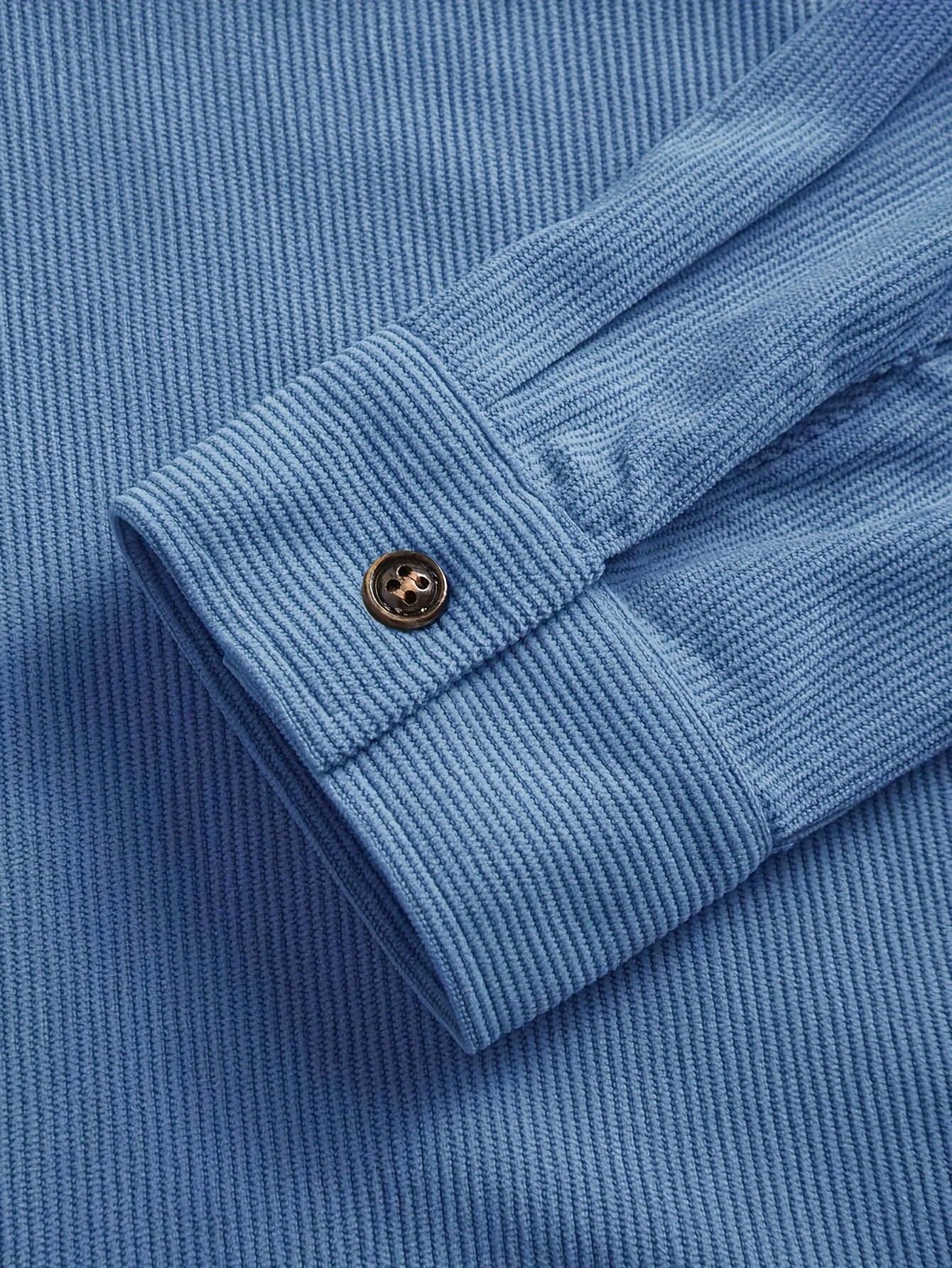 Men'S Corduroy Casual Shirt Jacket - Classic Collar, Button-Up Long Sleeve with Double Chest Pockets, Light Blue, Perfect for Spring & Fall, Everyday Fashion, Street Style, and Office Wear