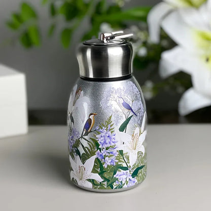 1pc Stainless Steel Vacuum Insulated Tumbler with Bird/Parrot/Leopard Pattern, 10oz Leak-Proof Travel Mug, Glossy Finish, Portable Handle, Artistic Drinkware, Perfect for Outdoor, Gym, Office, Ideal Holiday Gift for Christmas