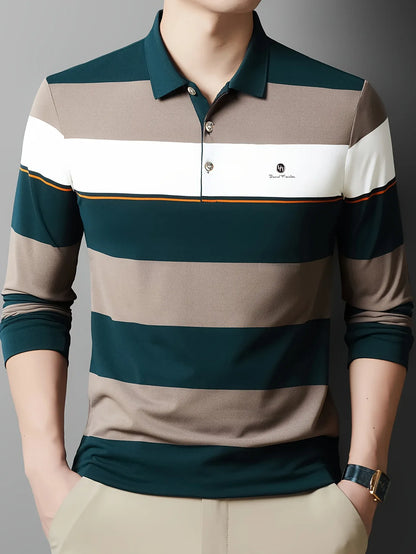 Men'S Long Sleeve Shirt - Formal & Casual Button-Up Shirt with Dark Green & Beige Horizontal Stripes, Button-Front Placket, Non-Stretch Fabric for Office, Golf, Casual Attire - Spring/Fall Wardrobe Essential, Spring Fashion,