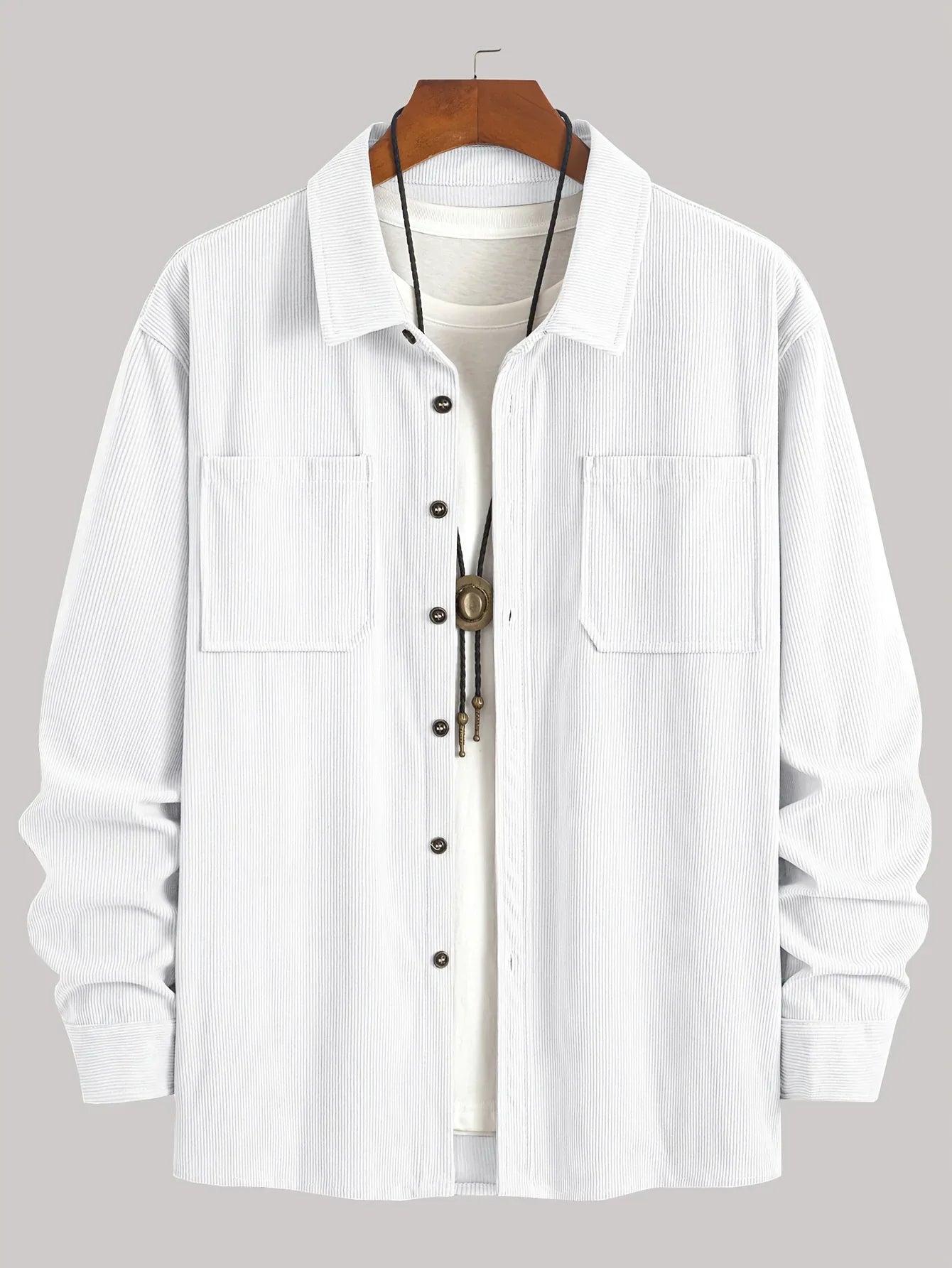 Men'S Corduroy Casual Shirt Jacket - Classic Collar, Button-Up Long Sleeve with Double Chest Pockets, Light Blue, Perfect for Spring & Fall, Everyday Fashion, Street Style, and Office Wear