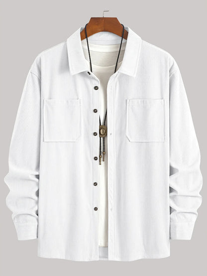 Men'S Corduroy Casual Shirt Jacket - Classic Collar, Button-Up Long Sleeve with Double Chest Pockets, Light Blue, Perfect for Spring & Fall, Everyday Fashion, Street Style, and Office Wear