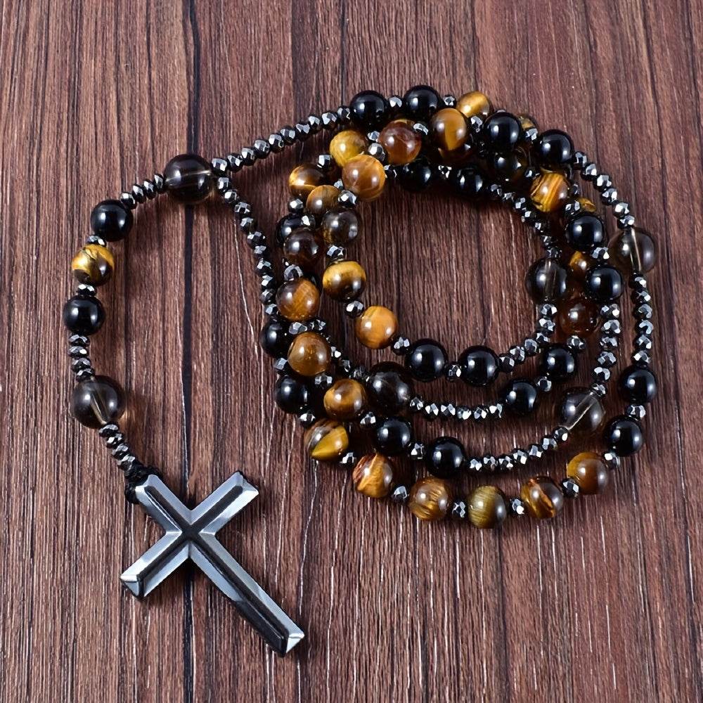 1pc Natural Tiger Eye Round Bead Long Chain Necklace with Hematite Cross Rosary Beads, Men's Jewelry for Spiritual Style - Montero Milan