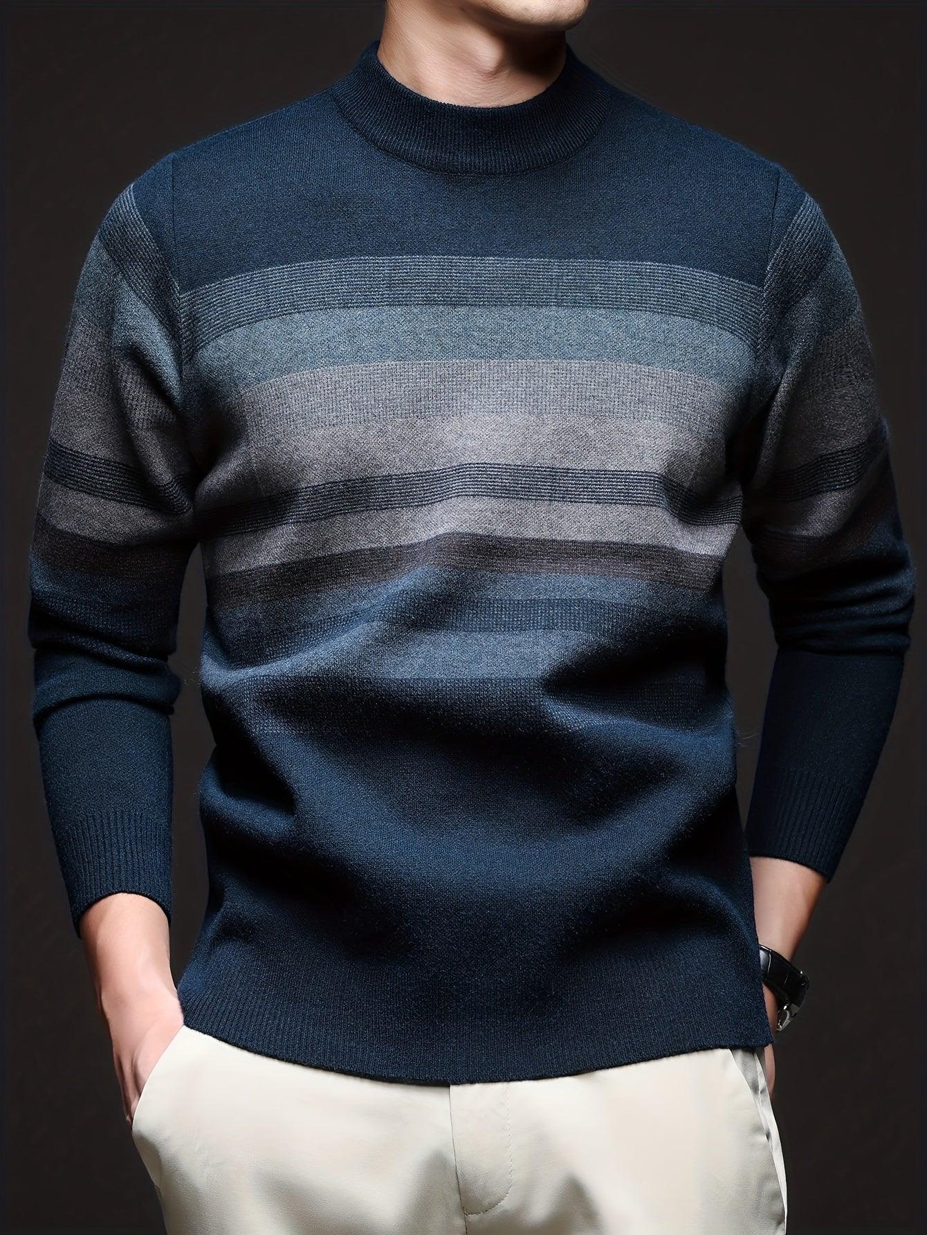 Men'S Thickened Sweater - Navy Blue & Gray Horizontal Stripes, Long Sleeve Round Neck Pullover for Fall/Winter, Casual & Formal Outfits - Everyday & Special Occasion Top, Knit