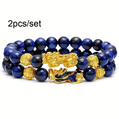 2 Pieces Natural Tiger Eye Stone Pixiu Charm Good Luck Bracelet for Men - Montero Milan