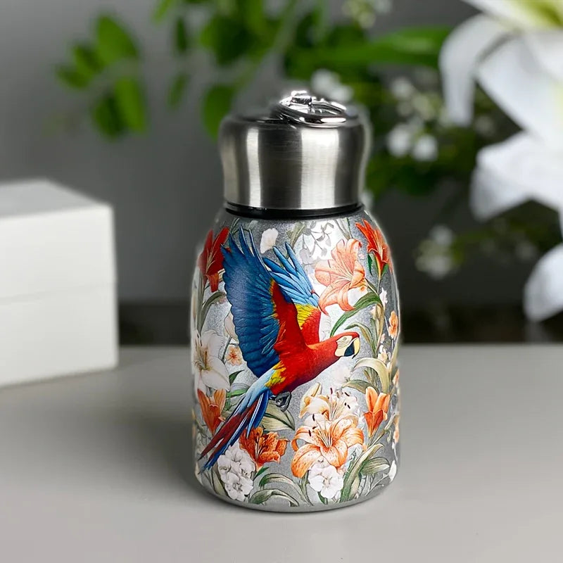 1pc Stainless Steel Vacuum Insulated Tumbler with Bird/Parrot/Leopard Pattern, 10oz Leak-Proof Travel Mug, Glossy Finish, Portable Handle, Artistic Drinkware, Perfect for Outdoor, Gym, Office, Ideal Holiday Gift for Christmas