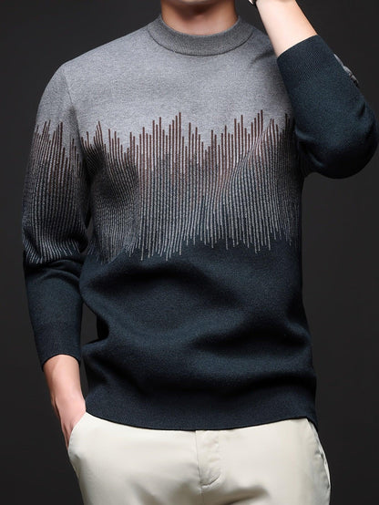 Men's Winter Warm Vertical Stripe Sweater - Dark Grey/Black Gradient Knit Pullover with Tapered Tail Hem, Casual & Outdoor Long Sleeve Round Neck Sweater for,, Office - All-Season Layering (Beige/White)