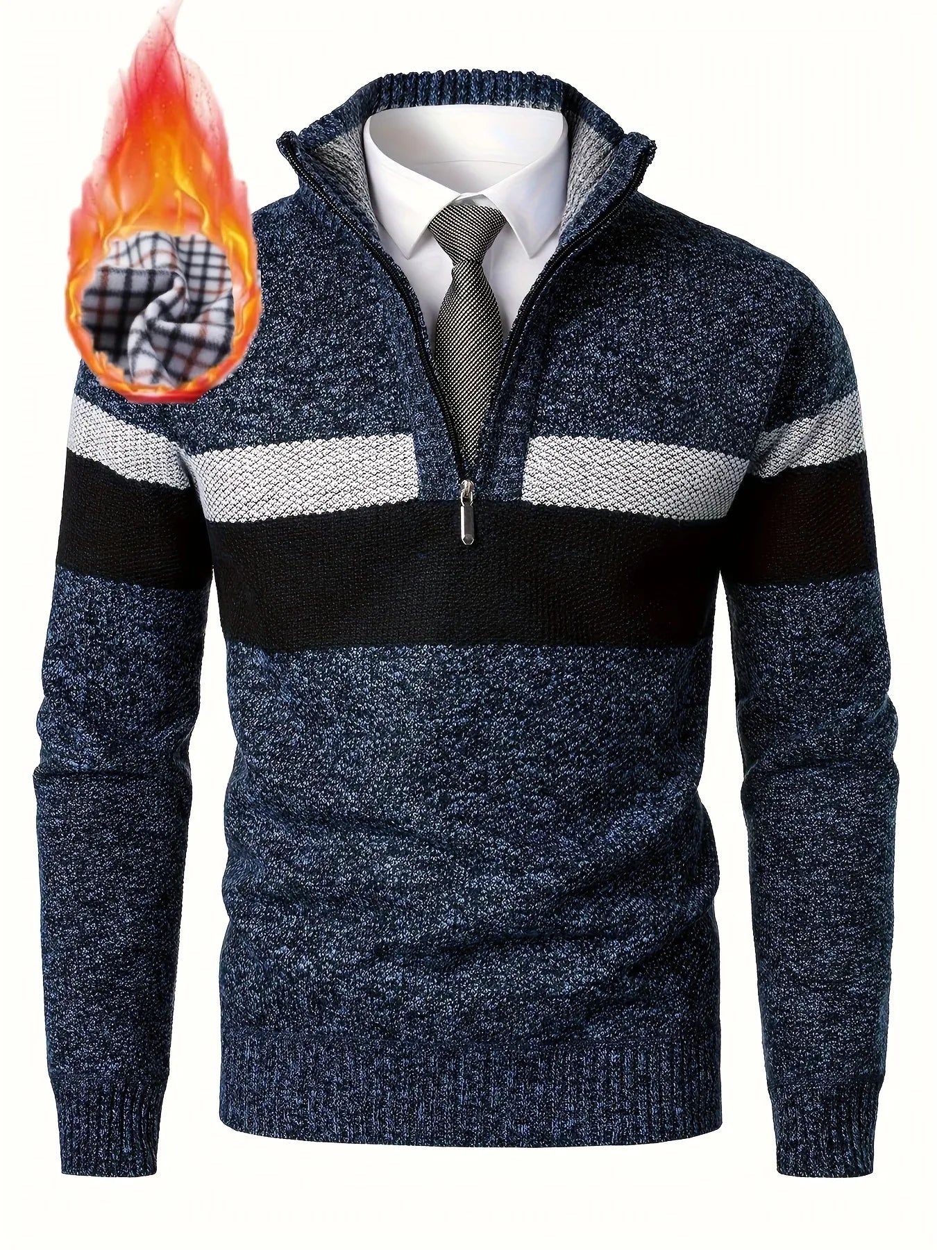 Men'S Color-Blocked Stand Collar Thickened Knitted Pullover Sweater