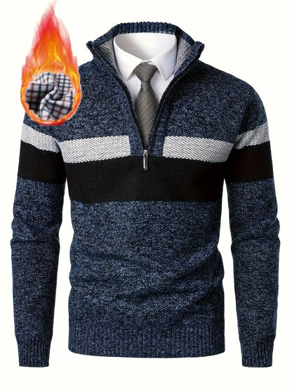 Men'S Color-Blocked Stand Collar Thickened Knitted Pullover Sweater