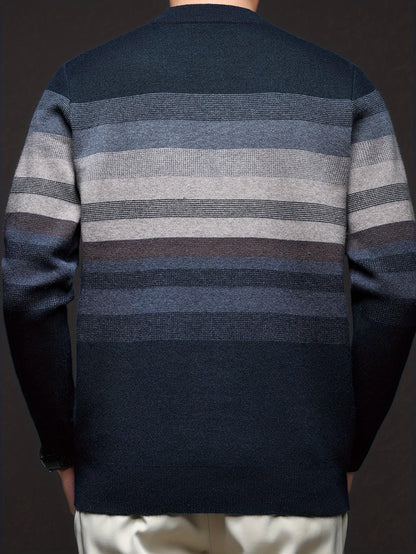 Men's Heavyweight Striped Mandarin Collar Zipper Sweater Jacket - Half-Zip Winter Knit Coat with Fish Tail Hem, Multi-Color (Navy/Beige/Tan/Brown/) for Casual, Outdoor & Holiday Events - Hand Washable Warm Blazer