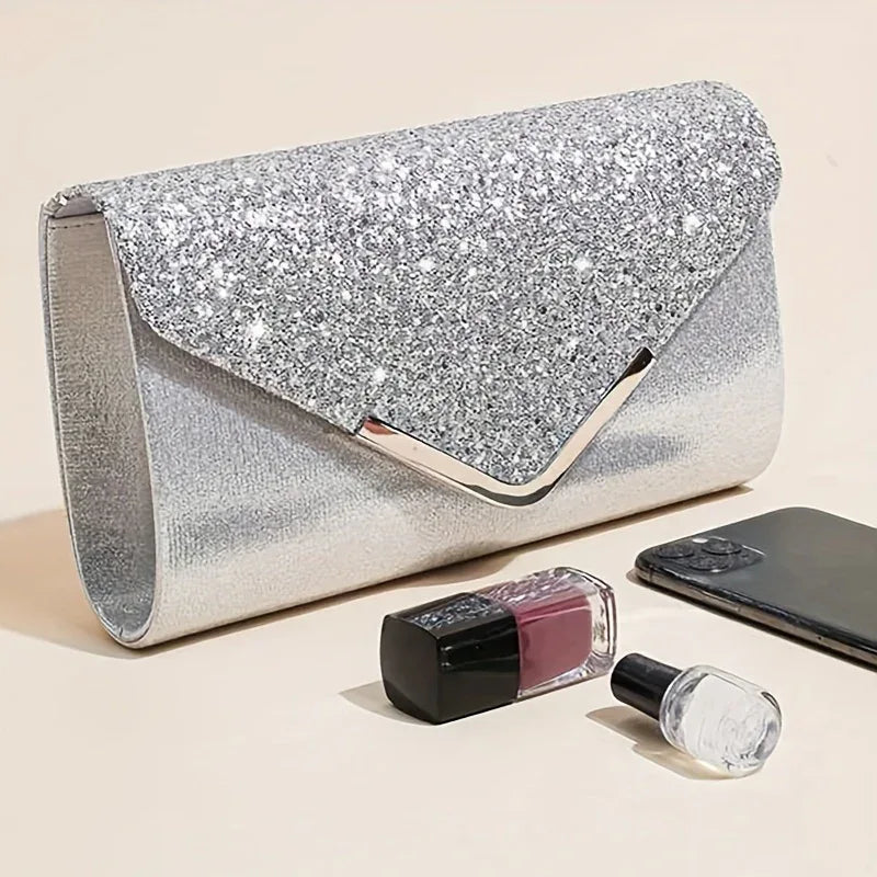 [4pcs Elegant Clutch Set] 4pcs Women's Elegant Sparkling Clutch Evening Bag Set | Decorative Chain Shoulder Bag, Rhinestone Necklace Earrings