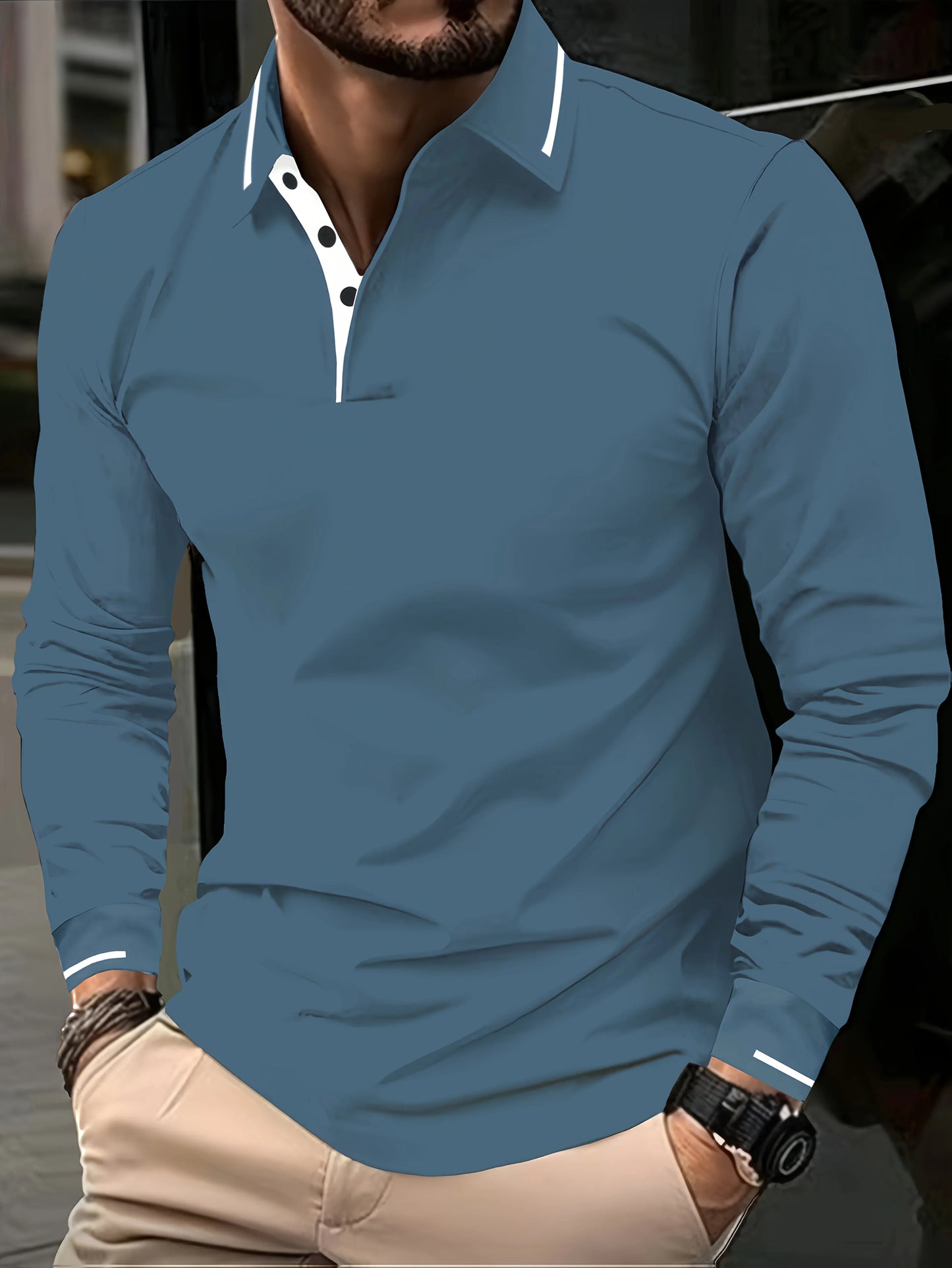 Ribbed Stretch Long Sleeve Polo