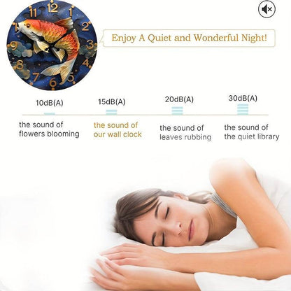 Red Koi Fish Silent Wall Clock Wooden Round Digital Display - Montero Milan