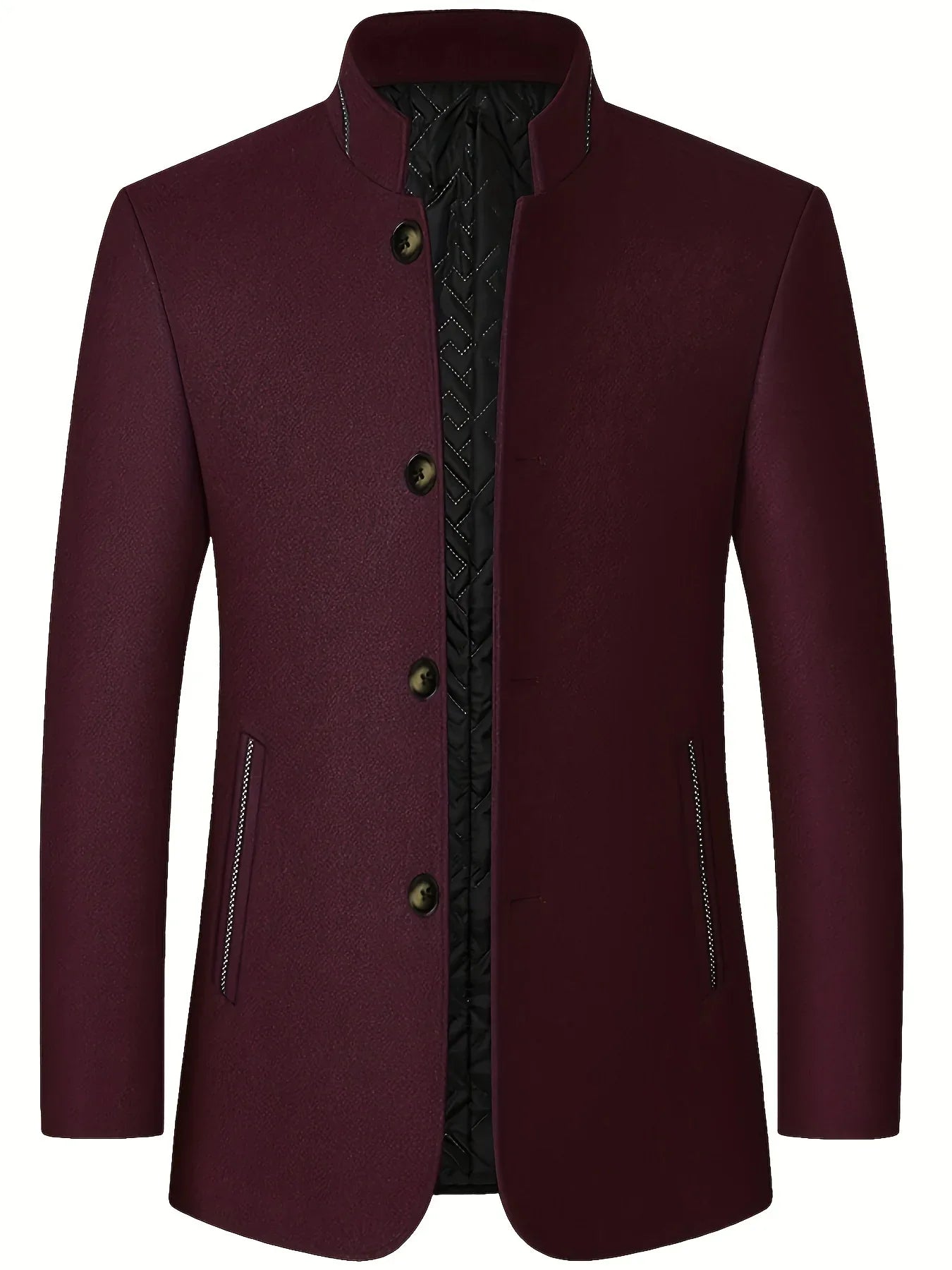 Men's Tweed Jacket with Stand Collar - Winter Warm Casual Coat, Single-Breasted Button Front & Pockets, Solid Color Tweed Fabric (Hand Washable) for Outdoor, Office, Smart-Casual - Versatile Cold-Weather Outerwear