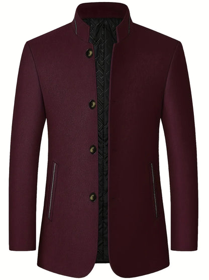 Men's Tweed Jacket with Stand Collar - Winter Warm Casual Coat, Single-Breasted Button Front & Pockets, Solid Color Tweed Fabric (Hand Washable) for Outdoor, Office, Smart-Casual - Versatile Cold-Weather Outerwear