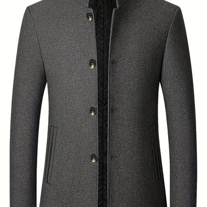 Men's Tweed Jacket with Stand Collar - Winter Warm Casual Coat, Single-Breasted Button Front & Pockets, Solid Color Tweed Fabric (Hand Washable) for Outdoor, Office, Smart-Casual - Versatile Cold-Weather Outerwear