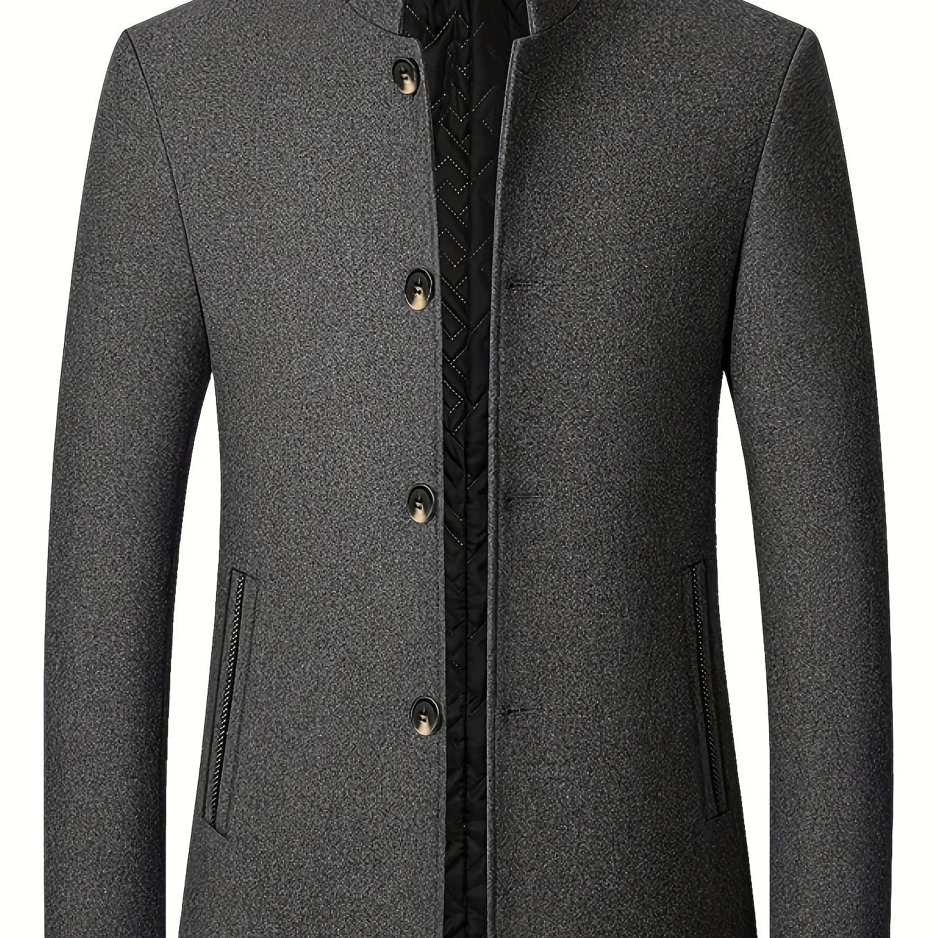 Men's Tweed Jacket with Stand Collar - Winter Warm Casual Coat, Single-Breasted Button Front & Pockets, Solid Color Tweed Fabric (Hand Washable) for Outdoor, Office, Smart-Casual - Versatile Cold-Weather Outerwear