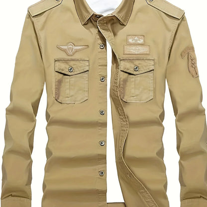 Autumn Long Sleeve Shirt for Men, Outdoor Plus Size Military Style Loose Fit Top, Pure Cotton High-Density Twill Casual Workwear Shirt, Thin Twill Long Sleeve Workwear