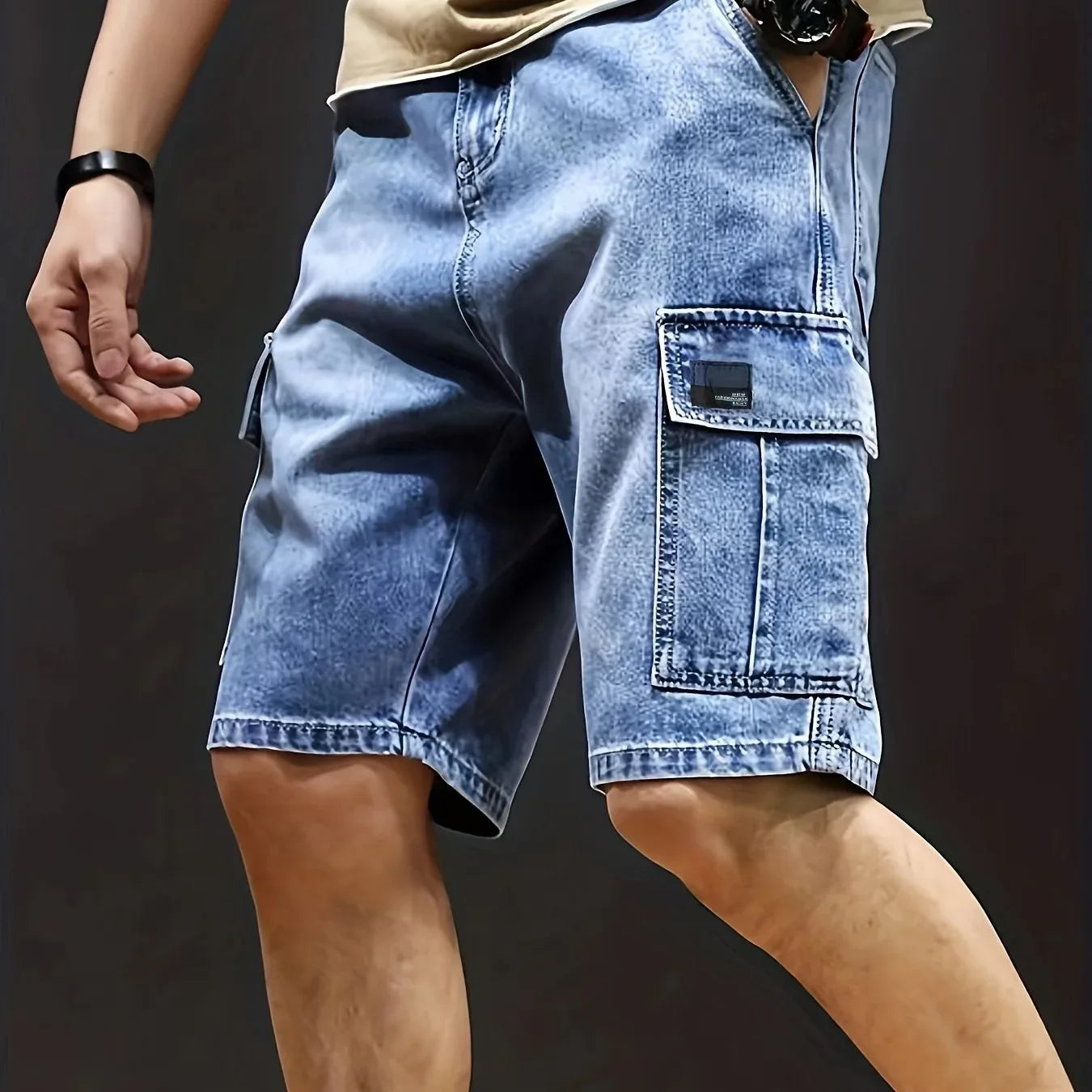 Men's Stretch Denim Shorts - Multi-Pocket Casual Streetwear with Knee-Length, Machine Washable Everyday & Formal Shorts for Urban Outfits - Non-See-Through Denim Construction