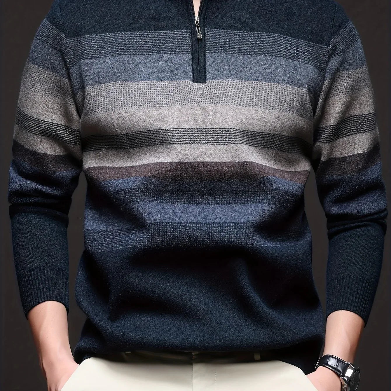 Men's Heavyweight Striped Mandarin Collar Zipper Sweater Jacket - Half-Zip Winter Knit Coat with Fish Tail Hem, Multi-Color (Navy/Beige/Tan/Brown/) for Casual, Outdoor & Holiday Events - Hand Washable Warm Blazer