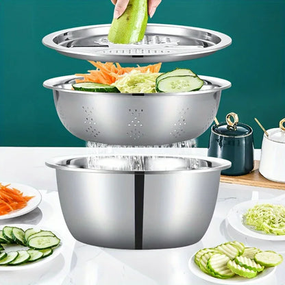Montero Milan 3pcs HEROBABY Stainless Steel Kitchen Prep Set with Integrated Grinder, Multifunctional Filter & Mixing Bowl - Heavy-Duty 201 Grade Dishwasher- Drainage System for Slicing, Chopping Fruits, Vegetables, Cheese (All-in-One