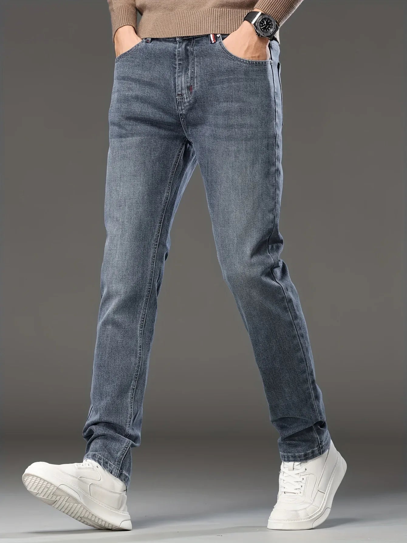 Men's Skinny Jeans - Stretch Non-See-Through Slim Fit Pants with Dark Blue-Gray Washed Look, Machine Washable for Business Casual & Casual Attire - Fall/Winter Season (Adult Men)