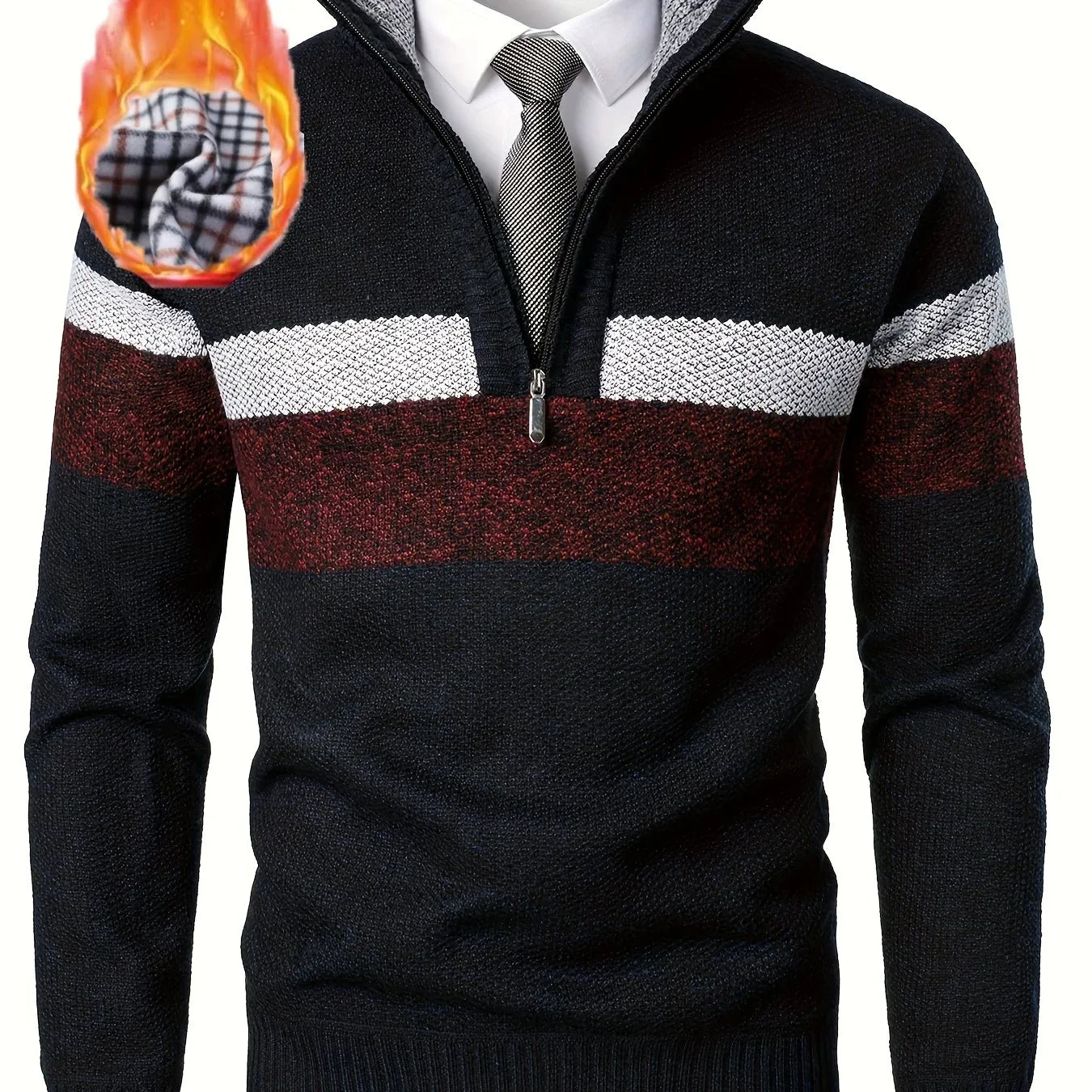 Men'S Color-Blocked Stand Collar Thickened Knitted Pullover Sweater