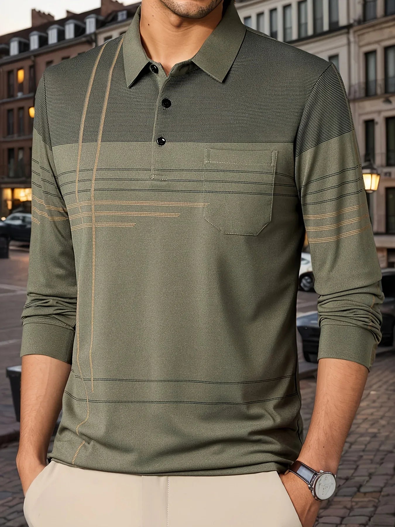 Men's Vintage-Inspired Striped Shirt with Chest Pocket - Breathable, Long Sleeve, Button Detail for Golf & Outdoor Activities