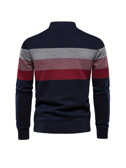 Men'S Thermal Stand Collar Sweater - Winter Knit Sweater with Zipper Closure, Black/Blue/Gray Horizontal Stripes, Regular Fit Pullover for Cold Weather, Formal & Everyday Outfits - Easy Care Sweater for Men, Sweater Zip Up, C